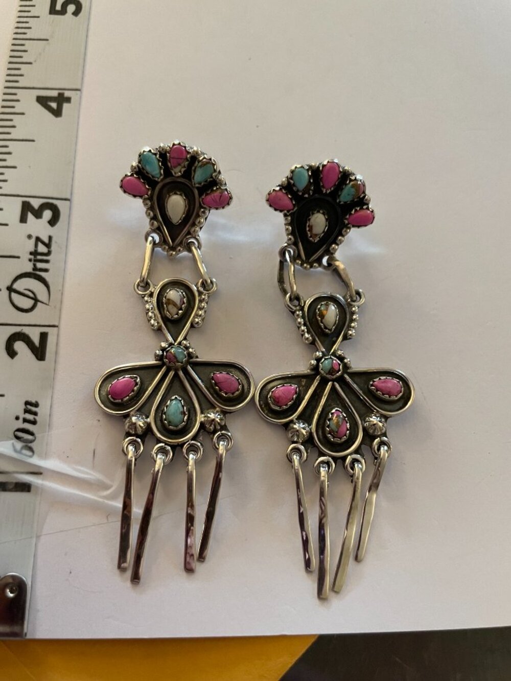 NEW Sterling Silver Earrings Native Inspired Cotton Candy Turquoise 19 grams - Picture 3 of 10